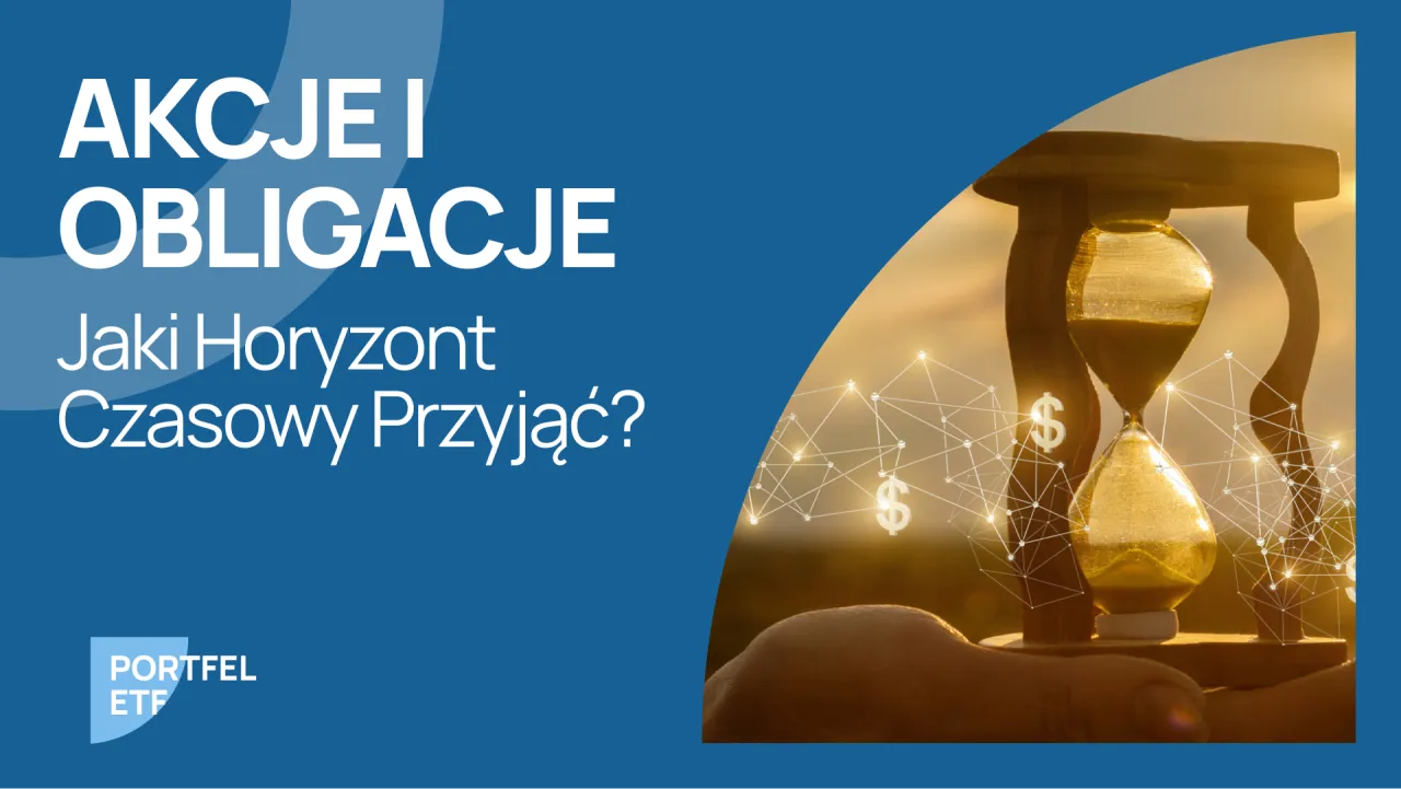 Akcje i obligacje: jaki horyzont czasowy przyjąć? Klepsydra symbolizuje czas inwestycji, a grafika sieci połączeń i dolary sugerują potencjalne zyski.