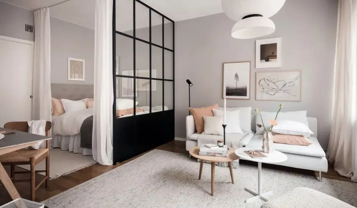aranżacja salonu z sypialnią podział przestrzeni