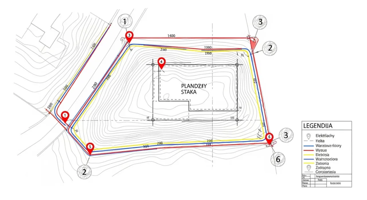 Plan sytuacyjny z zaznaczonymi punktami pomiarowymi i liniami. Geodeta wyznacza punkty, a ile geodeta bierze od punktu zależy od wielu czynników.