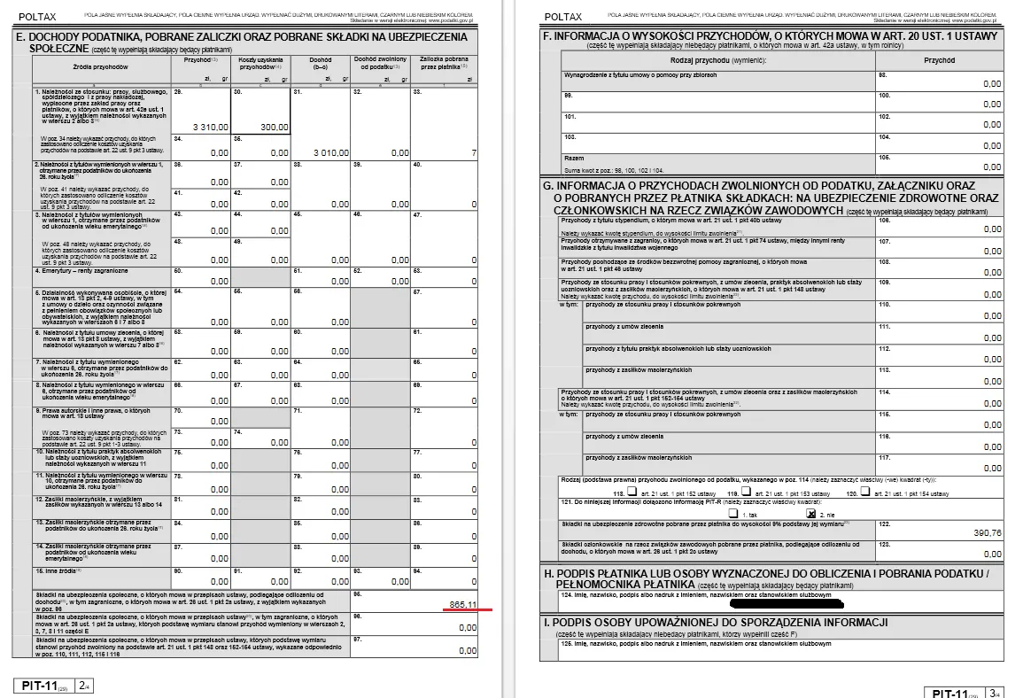 PIT-11 część G składki ZUS i zdrowotne