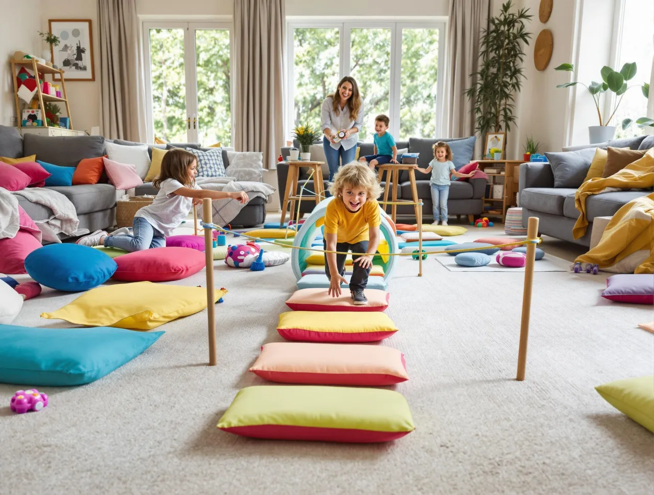 dziecko przechodzi tor przeszk&oacute;d z poduszek