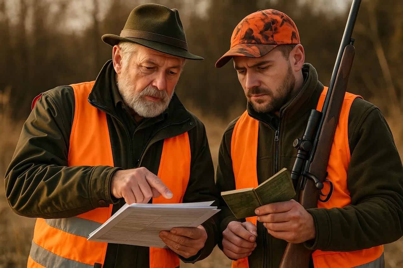 Dwóch myśliwych w kamizelkach odblaskowych analizuje dokumenty i książeczkę. Czy indywidualny myśliwy powinien zgłosić polowanie?