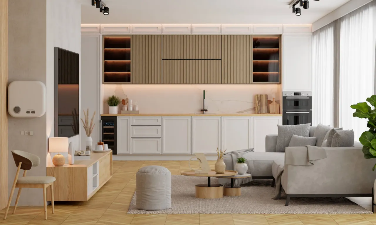 aranżacje salon z kuchnią spójne kolory