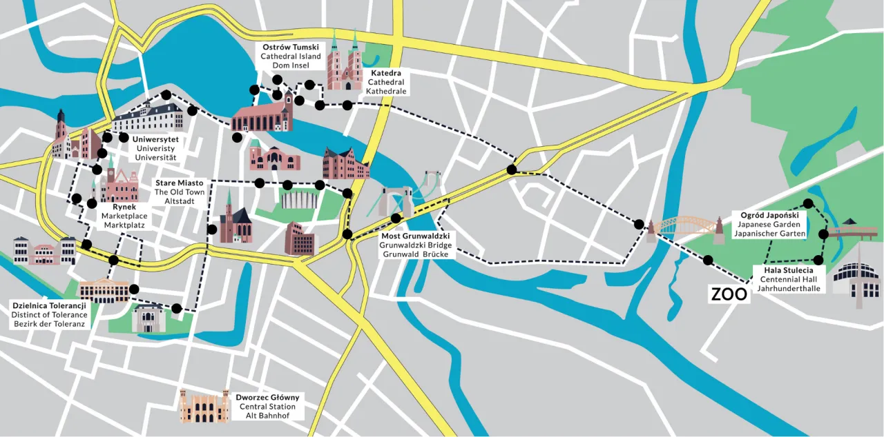 Mapa turystyczna Wrocławia z zaznaczonymi najpiękniejszymi miejscami: Rynek, Ostr&oacute;w Tumski, Hala Stulecia i Zoo.