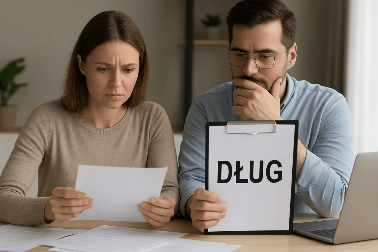 Para zmartwiona przegląda dokumenty. Na tablicy widnieje napis 