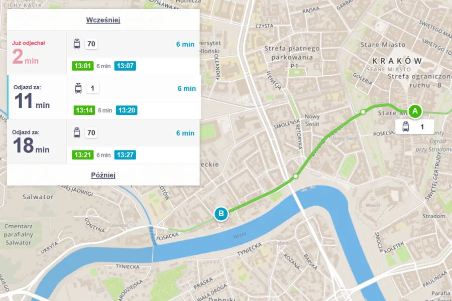 Aplikacje do planowania podróży komunikacją miejską Kraków
