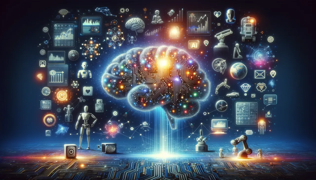Świecący mózg z obwodami drukowanymi i ikonami symbolizującymi rozwój technologii, pokazuje, dlaczego sztuczna inteligencja jest ważna dla przyszłości.