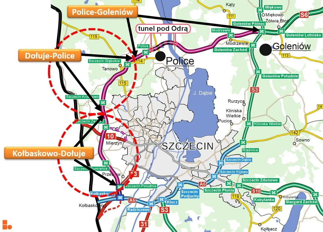 Mapa Zachodniej Obwodnicy Szczecina S6 odcinki