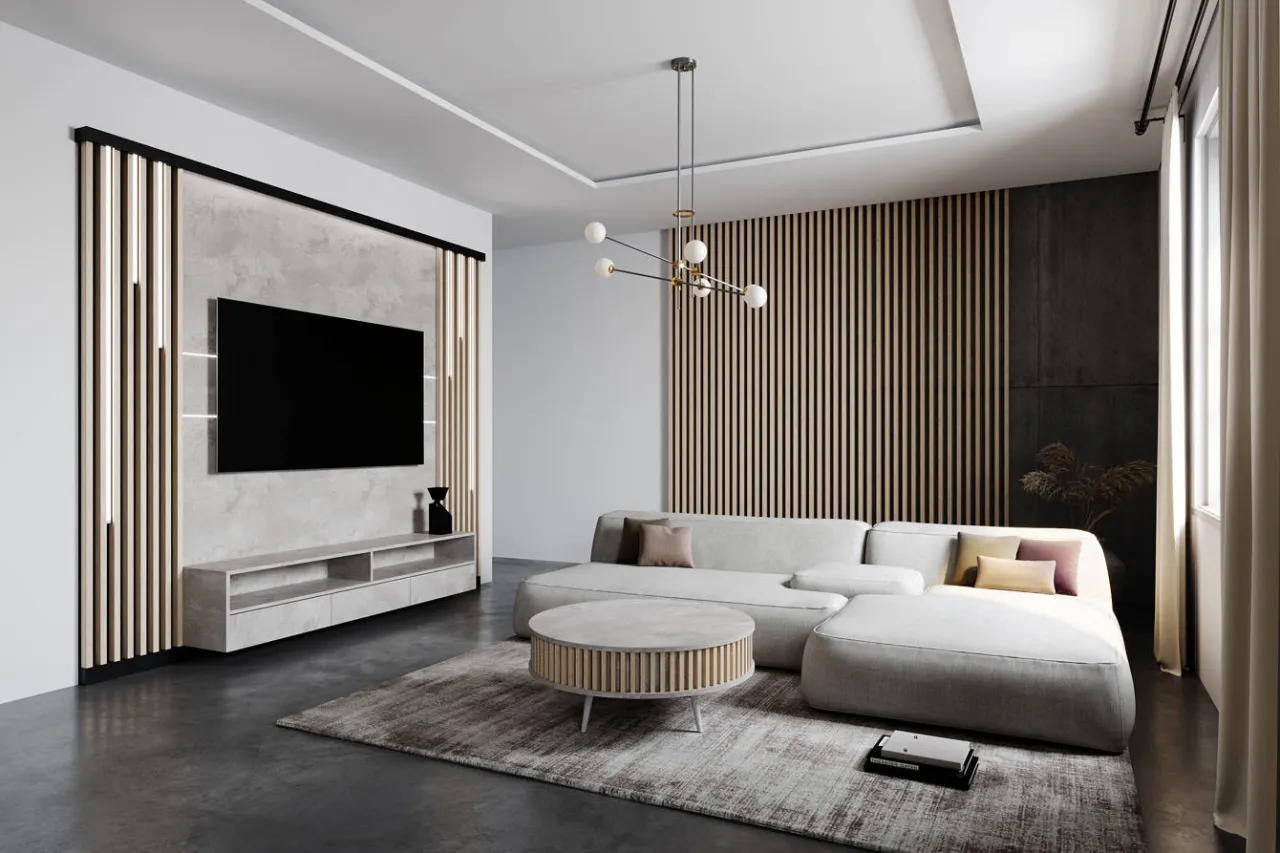 Wnętrze z panelami 3D lub lamelami