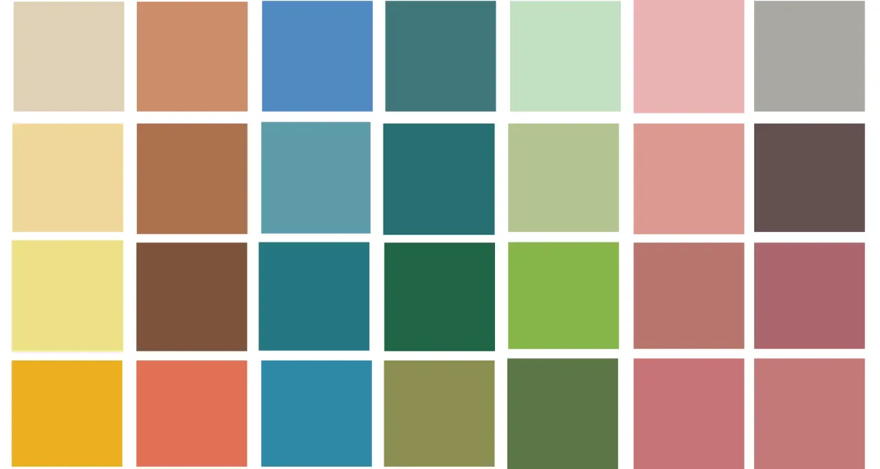 Paleta barw: beże, brązy, błękity, zielenie i róże. Zgaszona jesień w odcieniach ziemi i nieba.