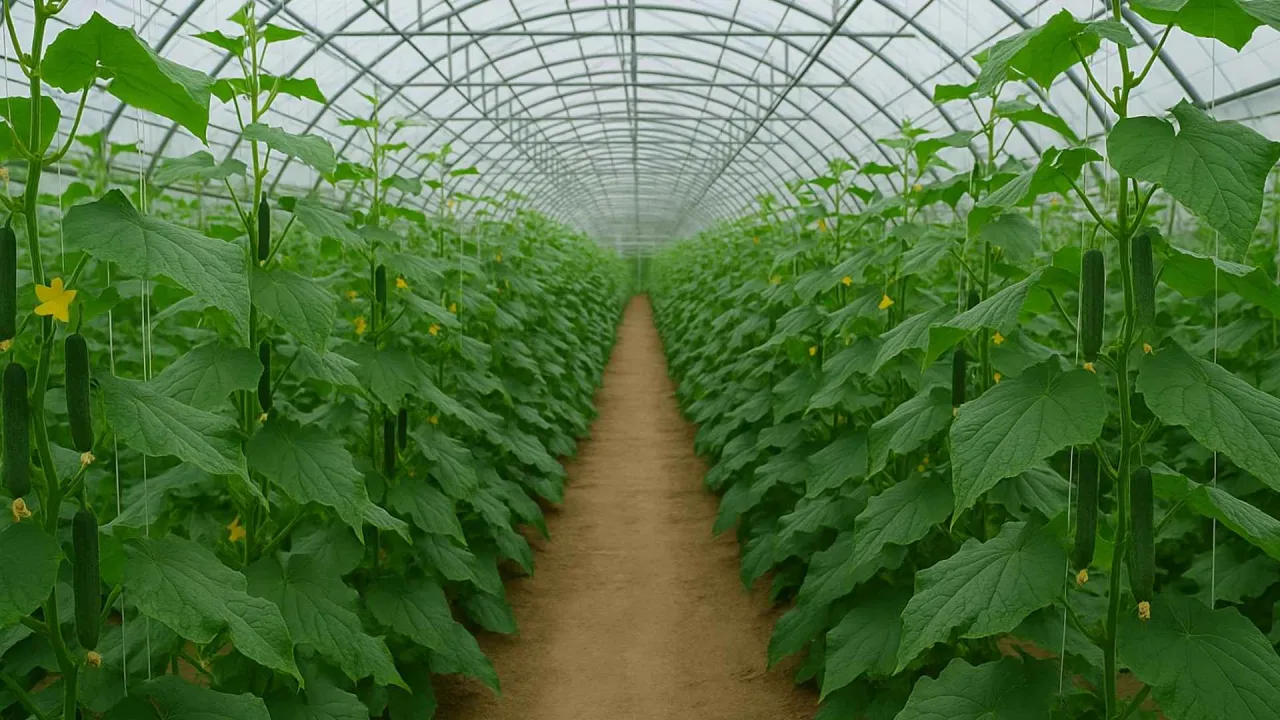 W szklarni trwa intensywna uprawa og&oacute;rk&oacute;w. Rzędy zielonych roślin pną się ku g&oacute;rze, a na nich widać młode owoce i ż&oacute;łte kwiaty.