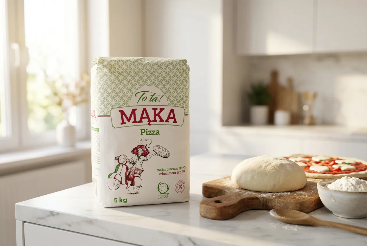 Idealna mąka do pizzy typu 00 na blacie kuchennym, obok ciasta i gotowej margherity.