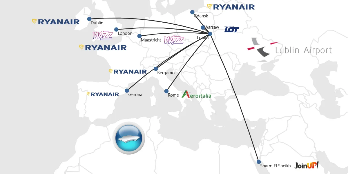 Mapa bezpośrednich połączeń lotniczych z lotniska Lublin