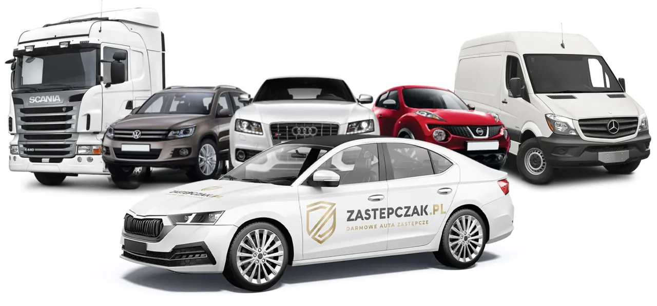 Flota samochod&oacute;w zastępczych z serwisu: biały sedan, czerwony crossover, biały van, szary SUV i biała ciężar&oacute;wka Scania.
