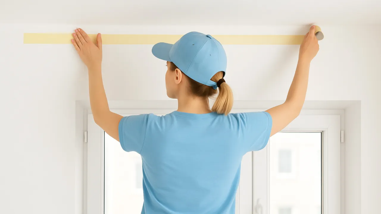 Kobieta w czapce z daszkiem przykleja taśmę malarską, by zrobić równy pasek pod sufitem.