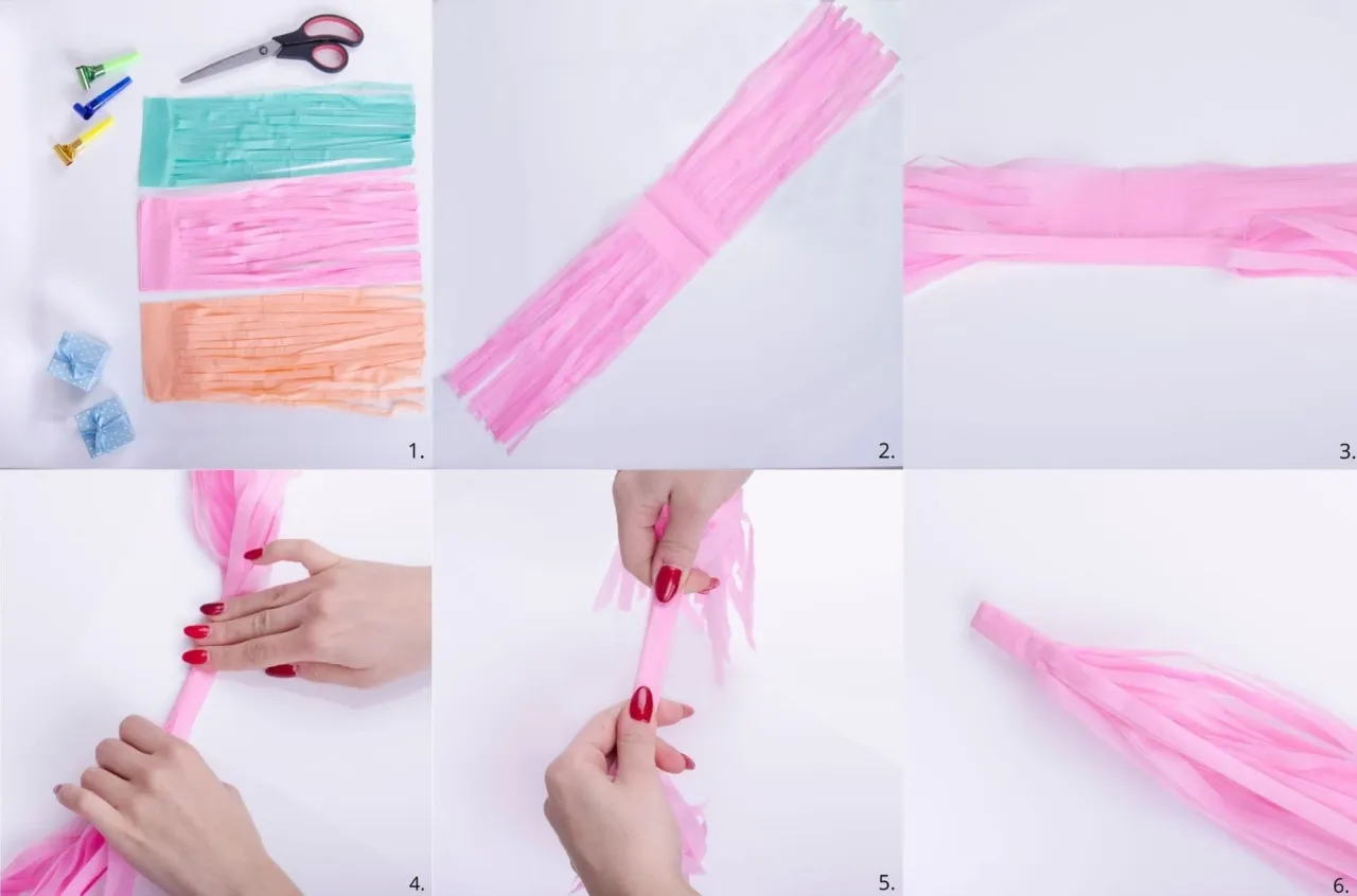 Instrukcja tworzenia girlandy z bibuły. Kolorowe paski bibuły, nożyczki i wstążki do stworzenia wyjątkowych dekoracji urodzinowych dla dzieci.