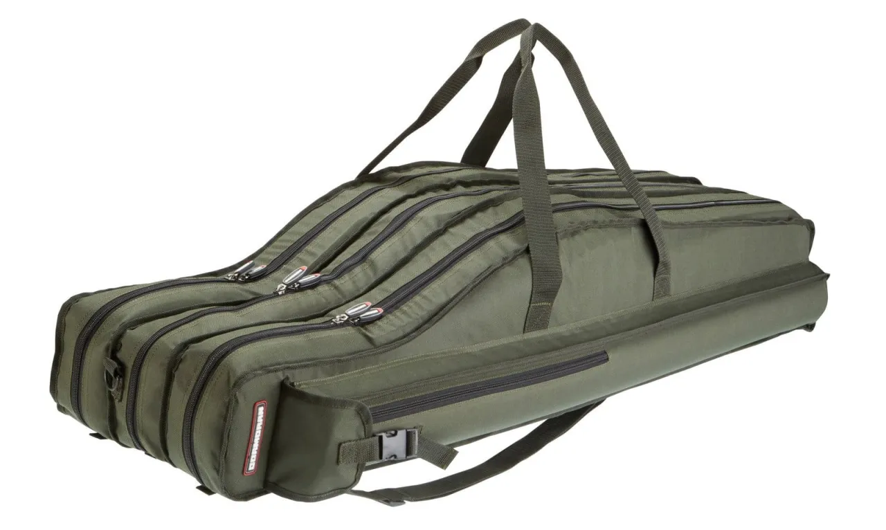 Solidny, zielony pokrowiec na wędki z wieloma przegrodami i zamkami. Idealny, jaki pokrowiec na wędki dla każdego wędkarza.