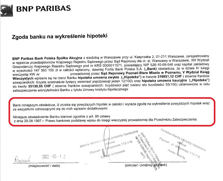 dokument zgoda banku na wykreślenie hipoteki kwit mazalny