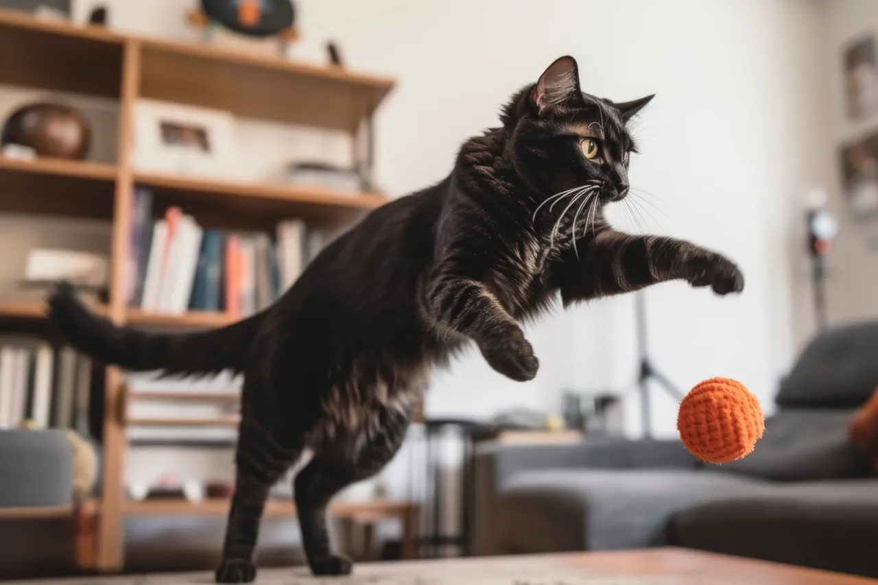 Zabawa z kotem wędką, kot odpoczywający w bezpiecznym miejscu, kot otrzymujący smakołyk