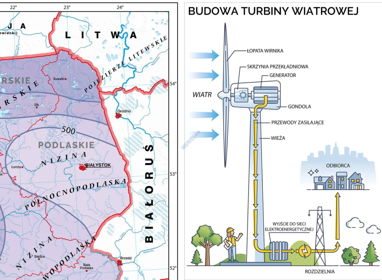 Mapa Podlasia i schemat budowy turbiny wiatrowej ilustrujące źr&oacute;dła energii elektrycznej w Polsce.