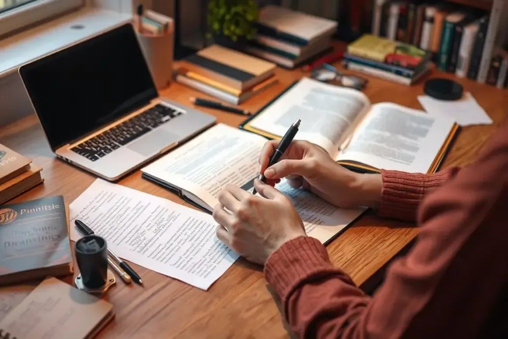 osoba czytająca książkę z notatkami