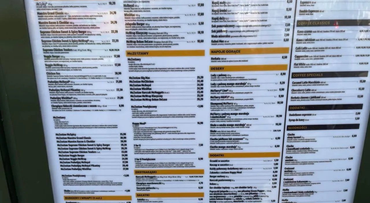 McDonalds kawa cennik menu