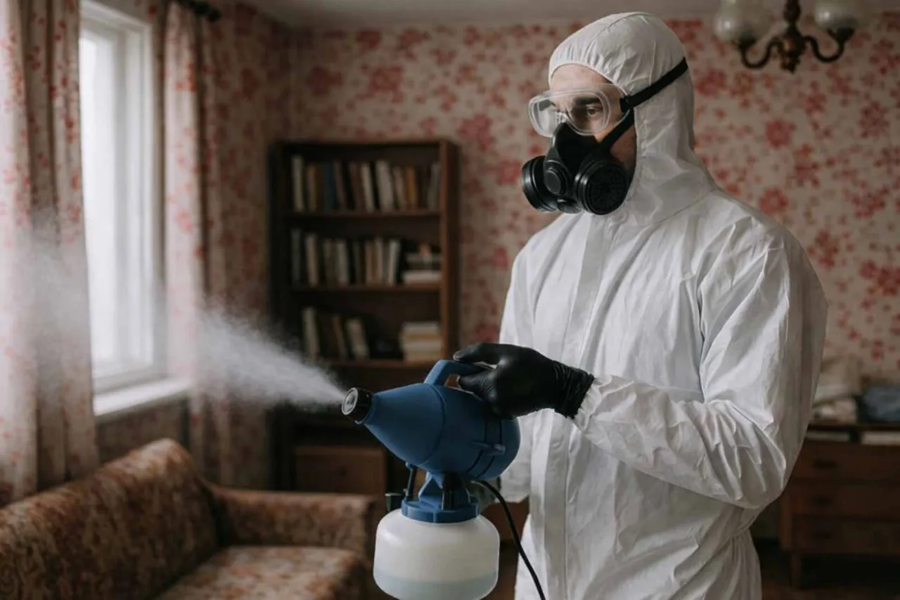 osoba w rękawiczkach i masce czyści mebel