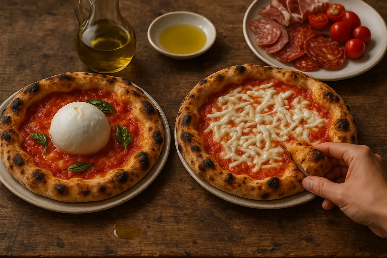 Dwie pizze: jedna z burratą i bazylią, druga z tartym serem. Idealne sery do pizzy to podstawa pysznego dania.