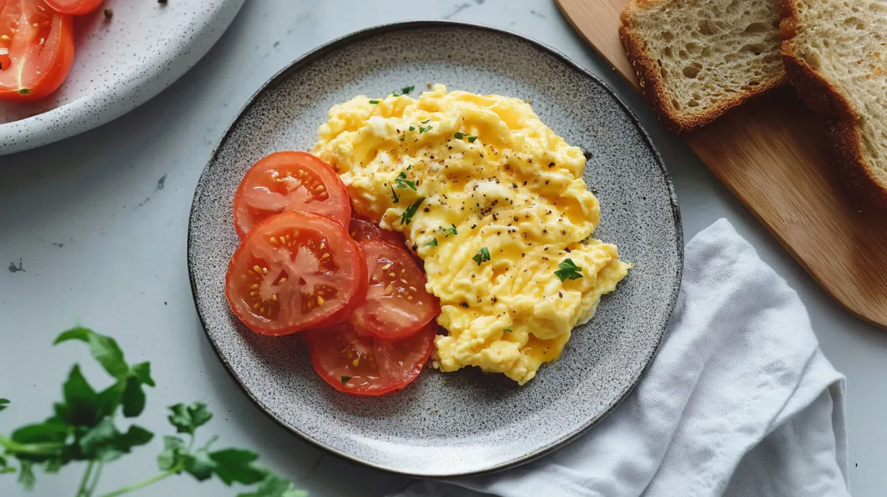 Jajecznica z warzywami i pełnoziarnistym pieczywem