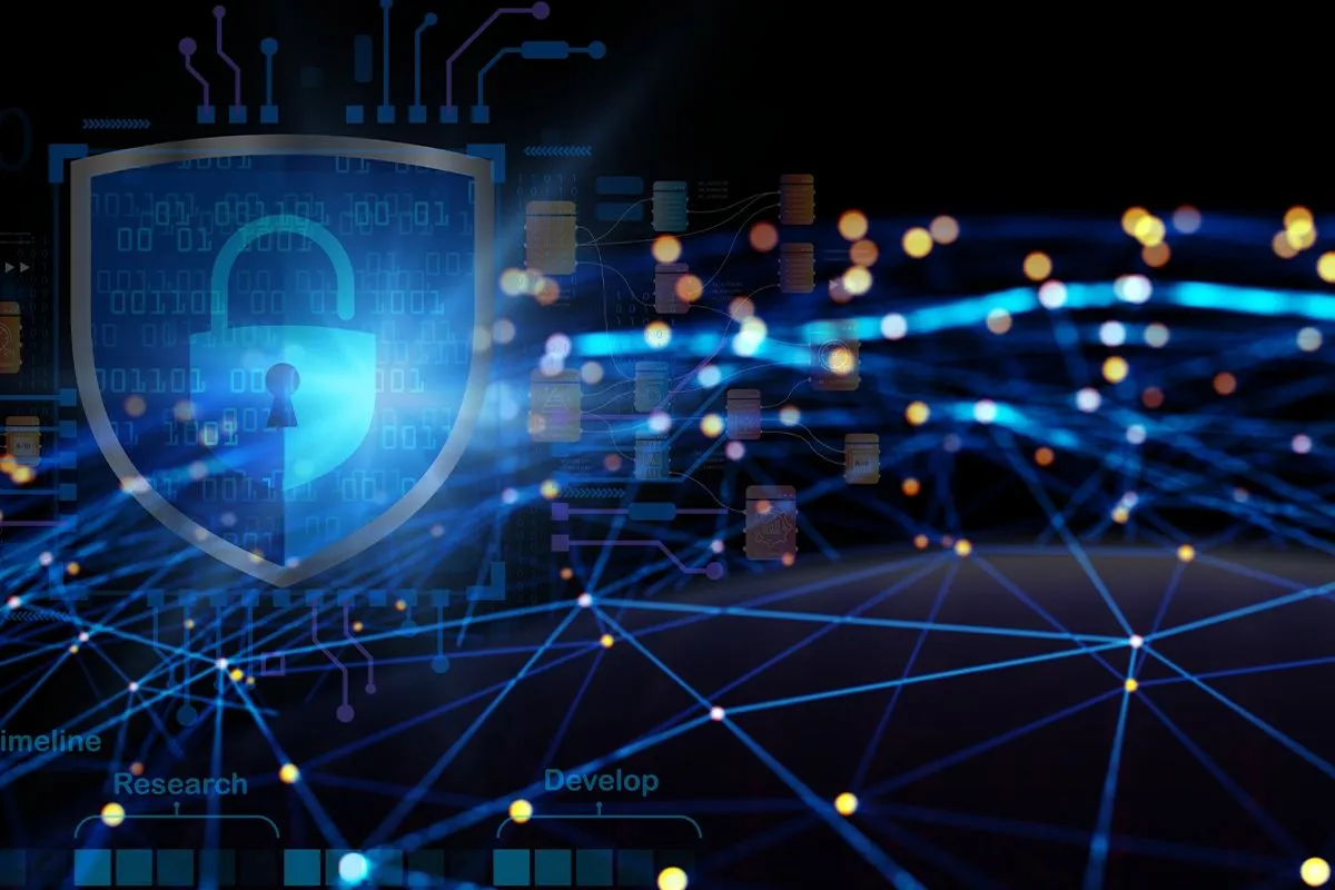 Cyfrowa tarcza z otwartą kł&oacute;dką symbolizuje bezpieczeństwo, ale sieć połączeń i migoczące światła sugerują potencjalny wektor ataku.