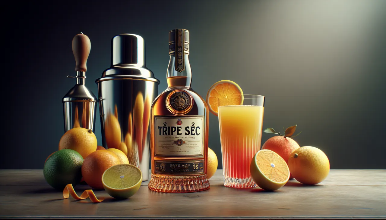Cointreau kontra Triple Sec w koktajlach: butelka likieru Triple Sec, cytrusy, shaker i drink.