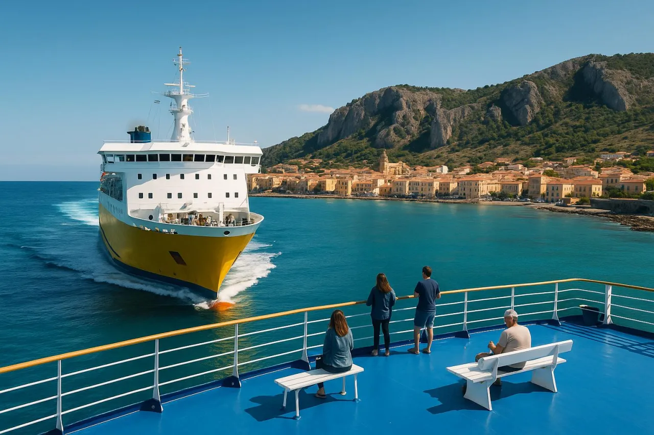 Ż&oacute;łty prom płynie do Olbii, mijając malownicze miasteczko na wybrzeżu.