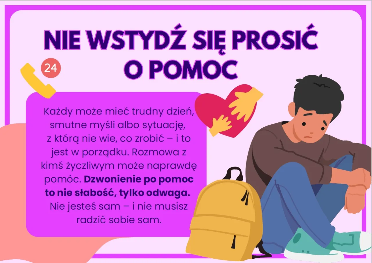 Chłopak siedzi smutny obok plecaka. Tekst mówi: