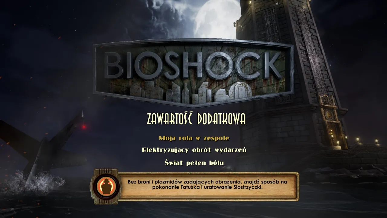 Bioshock 2 Remastered spolszczenie: menu z dodatkową zawartością, wieża, księżyc i rozbijający się samolot.