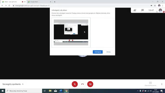 Google Meet udostępnianie ekranu
