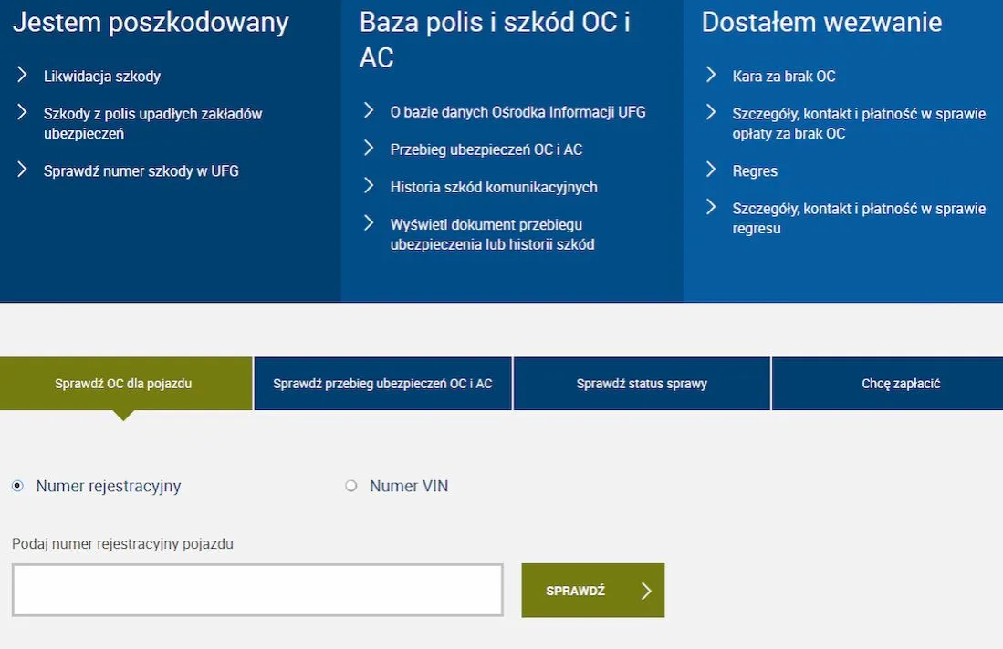 strona UFG sprawdzanie OC po numerze rejestracyjnym