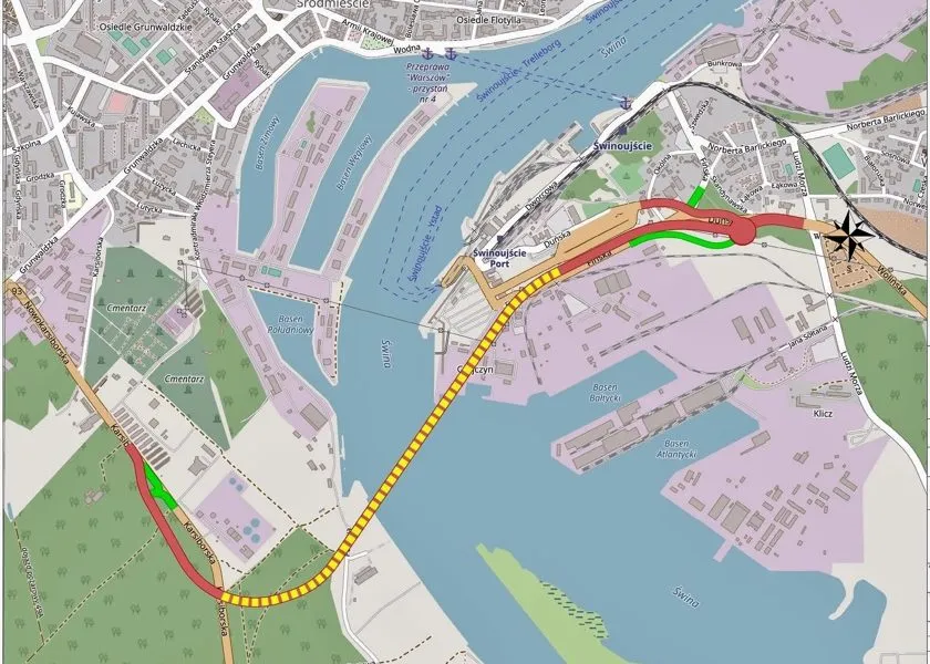 dworzec Świnoujście, prom Bielik, mapa przeprawy promowej Świnoujście