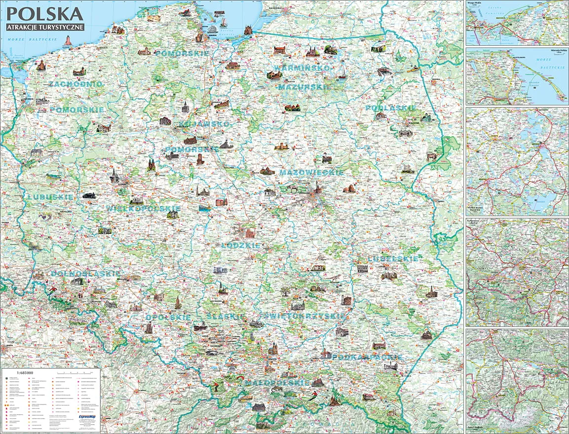 Mapa Polski z zaznaczonymi atrakcjami turystycznymi