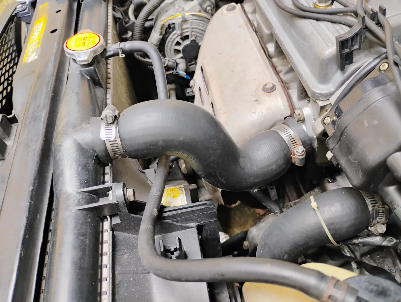 Silnik samochodowy z widocznym radiatorem i wężami układu chłodzenia. Zwr&oacute;ć uwagę na stan przewod&oacute;w, kt&oacute;re mogą być przyczyną wysokiego ciśnienia w układzie chłodzenia.