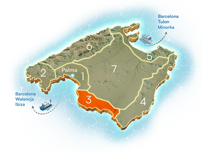 Mapa regionów Majorki z zaznaczonymi kurortami
