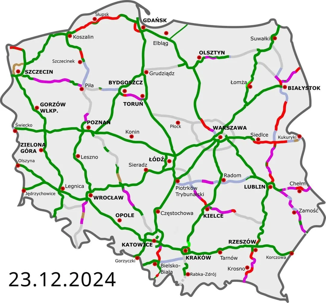 Mapa autostrad w Polsce 2024