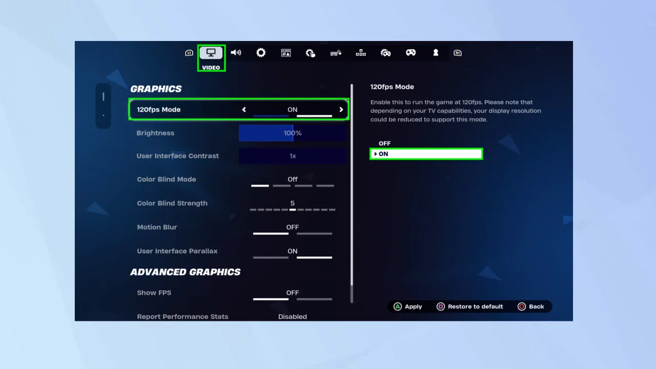 Fortnite PS5 FPS counter settings