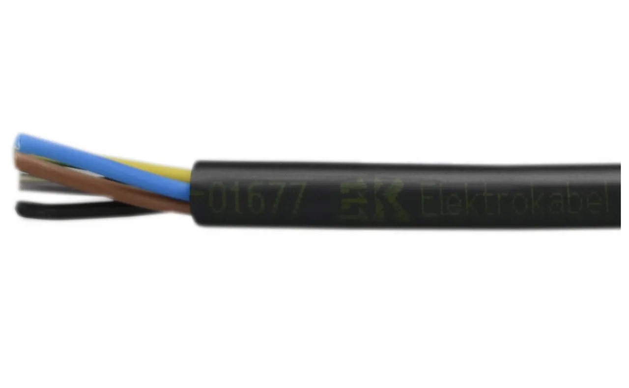 Przewód z żyłami: brązową, niebieską i żółto-zieloną. Idealny jako kabel do przyłącza 12kW.