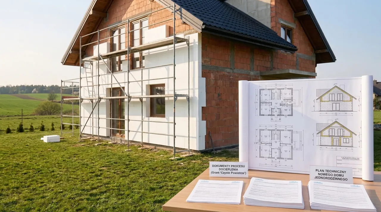 Dom w budowie, rusztowania, plany i dokumenty. Czy na ocieplenie dachu można dostać dofinansowanie?