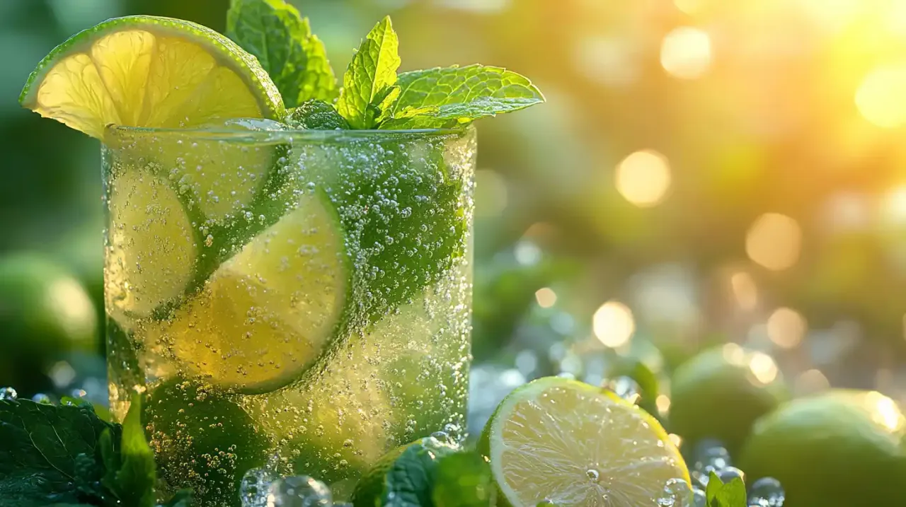 Orzeźwiający Mojito przepis: szklanka pełna lodu, limonki i mięty, skąpana w słońcu. Idealny na upalne dni.
