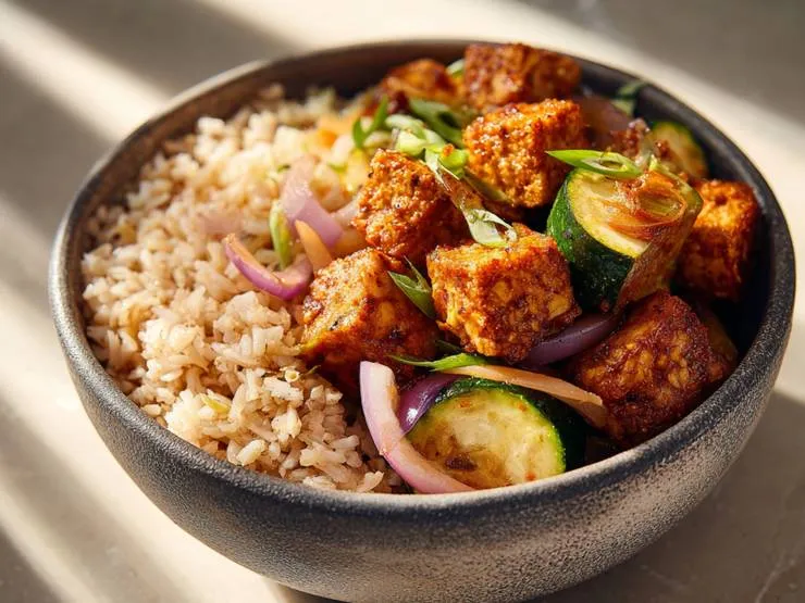 Zbilansowany wegetariański posiłek z tofu, warzywami i brązowym ryżem
