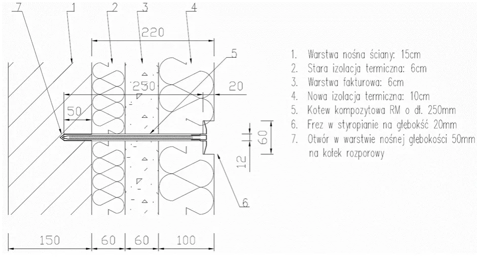 schemat montażu kotwy chemicznej przez styropian do ściany nośnej
