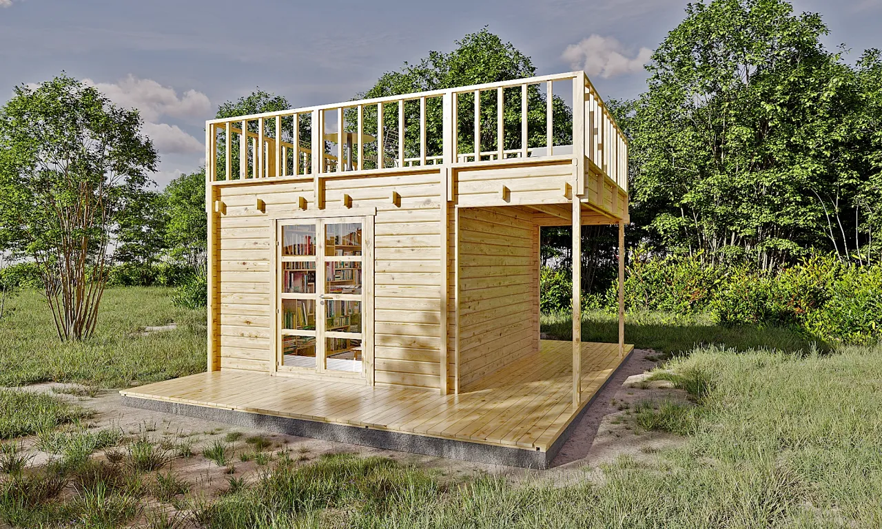 Uroczy, dwupoziomowy drewniany domek ogrodowy z tarasem i przeszklonymi drzwiami, pełnymi książek. Idealne miejsce na relaks wśród zieleni.