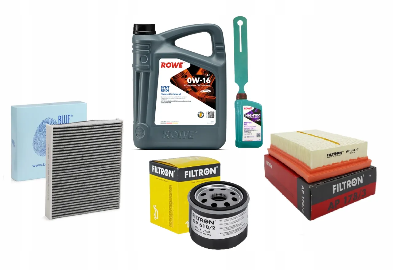 Zestaw części samochodowych: olej 0W-16, filtr oleju, filtr powietrza i kabinowy. Idealny do Toyota Corolla 1.8 Hybrid.