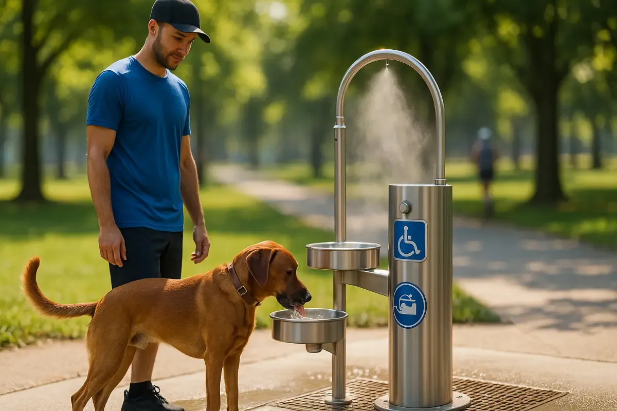 Pies pije z fontanny dla zwierząt